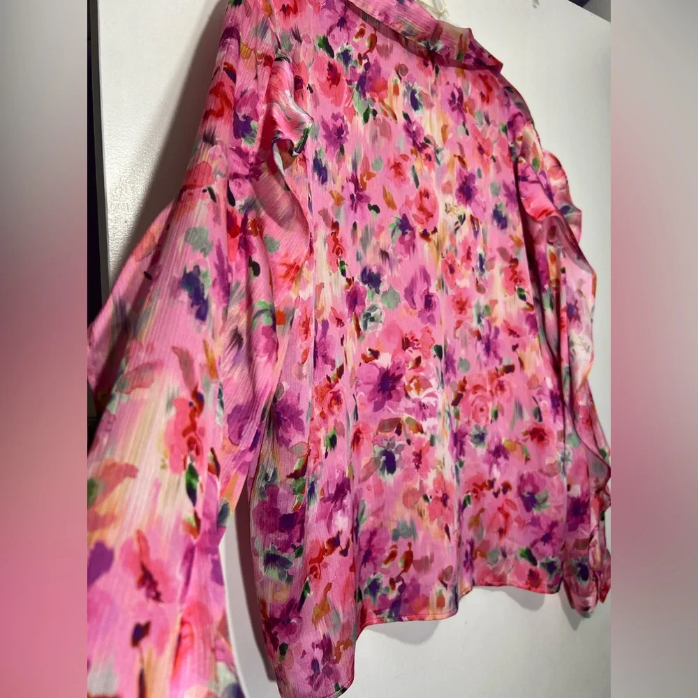 NWT ZARA pink floral print ruffled blouse size L - Picture 12 of 12